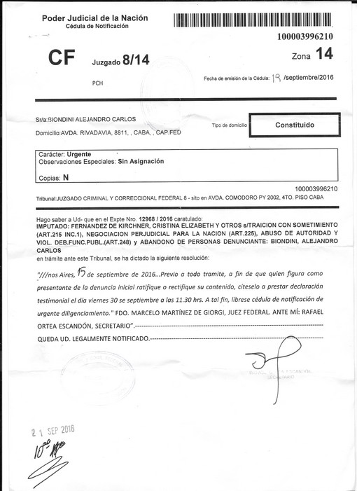 Facsímil de la citación a Alejandro Biondini a ratificar la denuncia penal, emitida por el Juez Federal Marcelo Martínez de Giorgi 