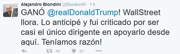 Mensaje en twitter de Alejandro Biondini al confirmarse el triunfo de Trump
