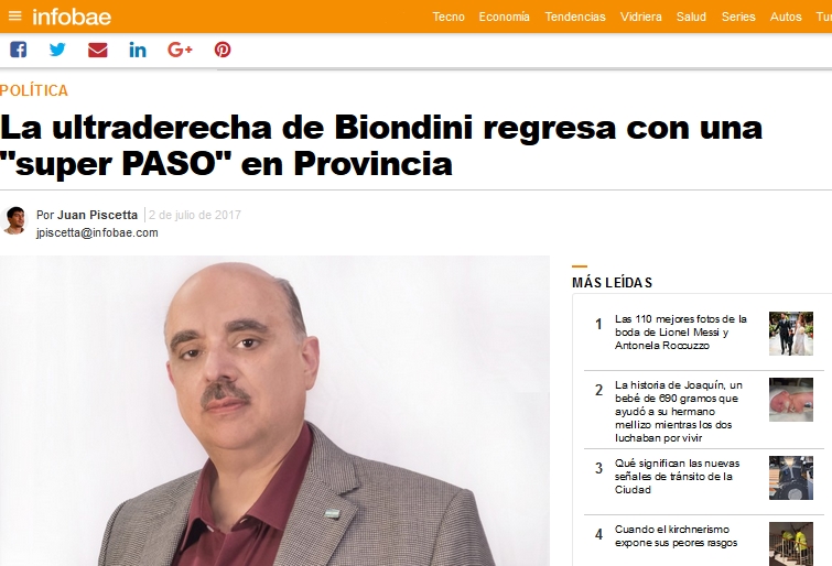 Infobae: "La ultraderecha de Biondini se presenta con `super PASO` en Provincia"