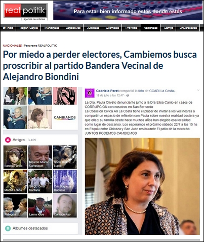 Grave denuncia de la Agencia RealPolitik: "Por miedo a perder electores, Cambiemos busca proscribir al partido Bandera Vecinal de Biondini"