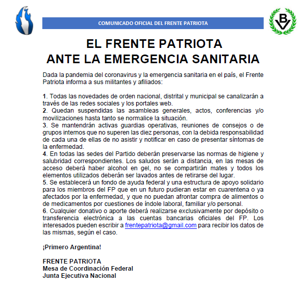 Comunicado: El Frente Patriota ante la emergencia sanitaria